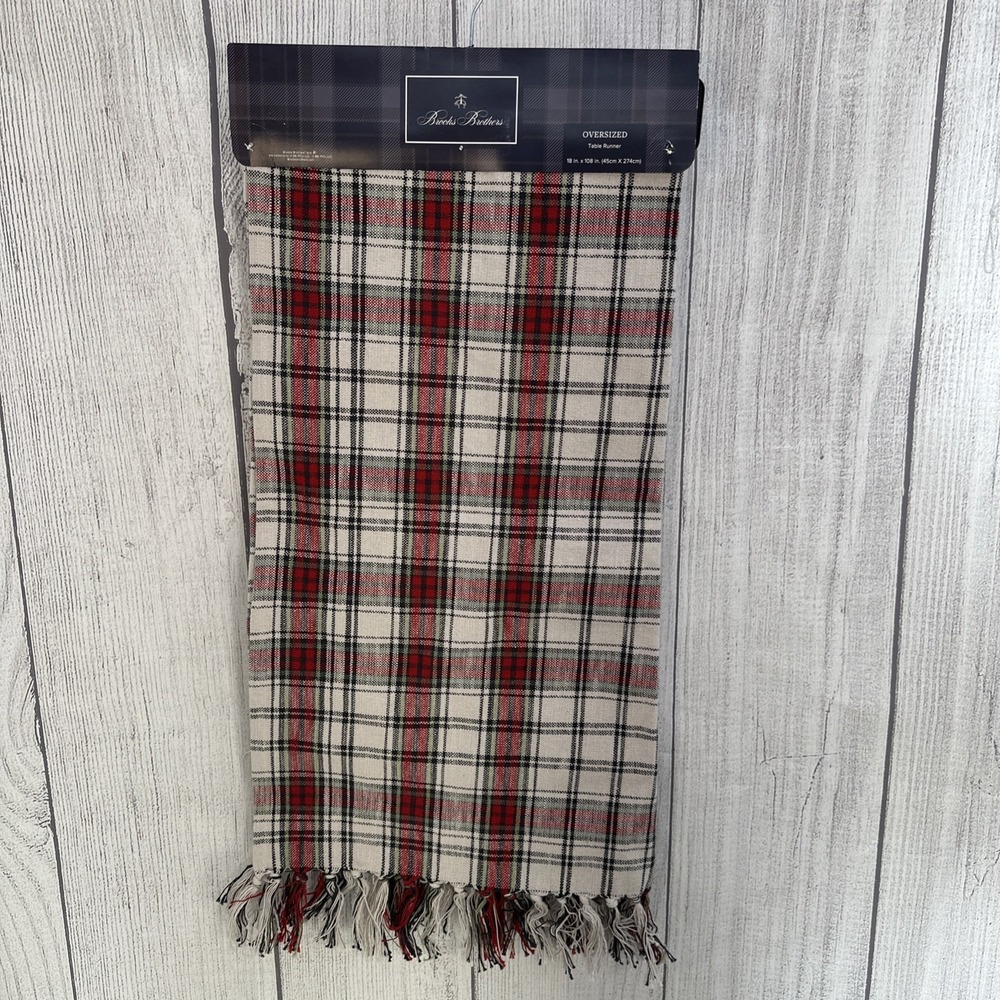 Brooks Brothers Table Runner Oversized Red Tan Tartan Plaid Christmas Holiday